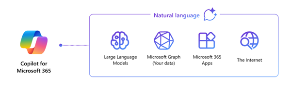 コパイロットの3つの機能（LLM、Graph、Microsoft 365 Apps のイメージ図）