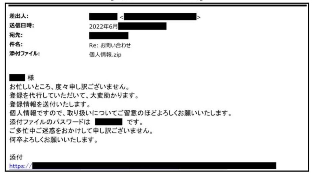 不正プログラムが仕掛けられた添付ファイルを開くよう誘導する標的型メールの例