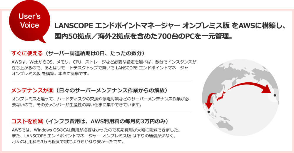 CatをAWSに構築し、国内50拠点／海外2拠点を含めた700台のPCを一元管理。