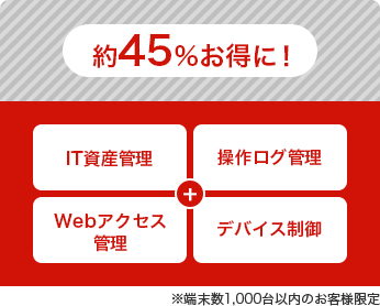 パック1000：約45%お得に！ IT資産管理＋操作ログ管理＋Webアクセス管理＋デバイス制御