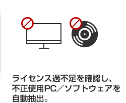 ライセンス過不足を確認し、不正使用PC／ソフトウェアを自動抽出。