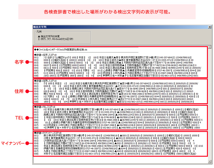 各検査辞書で検出した場所がわかる検出文字列の表示が可能。