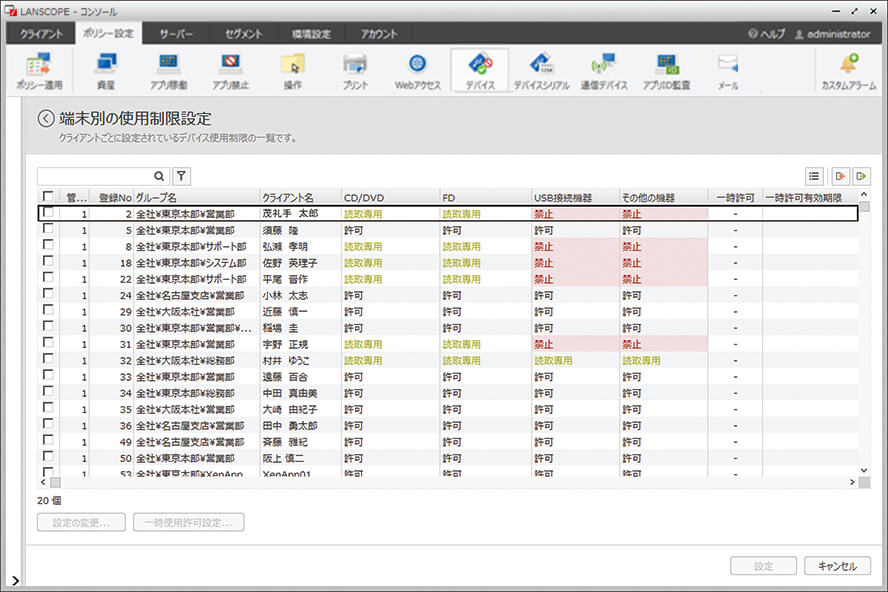 端末別の使用制限設定の管理画面