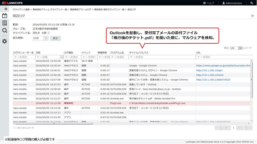 Outlookを起動し、受付完了メールの添付ファイル「飛行機のチケット.pdf」を開いた際に、マルウェアを検知。