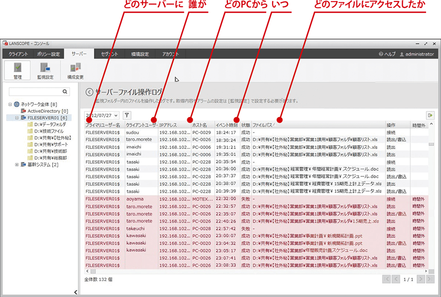 どのサーバーに 誰が どのPCから いつ どのファイルにアクセスしたか