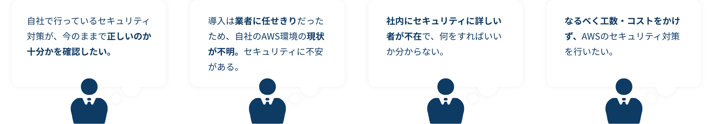 自社で行っているセキュリティ対策が、今のままで正しいのか十分かを確認したい。 導入は業者に任せきりだったため、自社のAWS環境の現状が不明。セキュリティに不安がある。 社内にセキュリティに詳しい者が不在で、何をすればいいか分からない。 なるべく工数・コストをかけず、AWSのセキュリティ対策を行いたい。