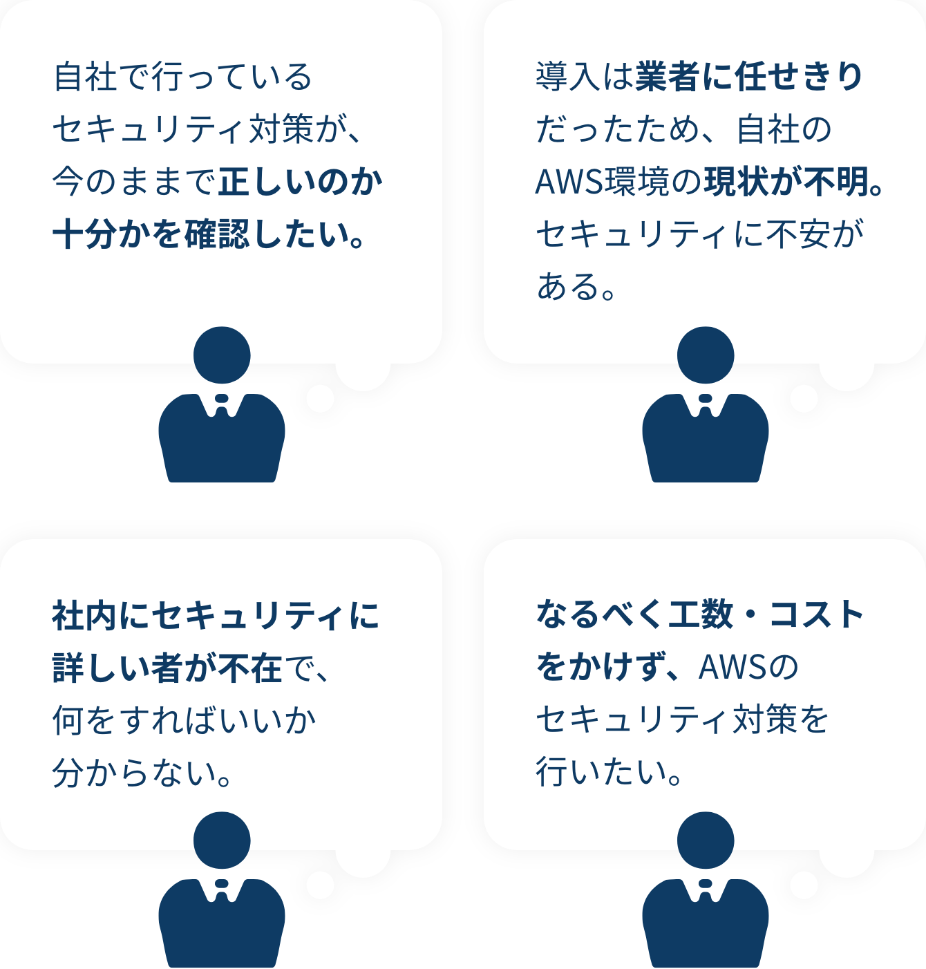 自社で行っているセキュリティ対策が、今のままで正しいのか十分かを確認したい。 導入は業者に任せきりだったため、自社のAWS環境の現状が不明。セキュリティに不安がある。 社内にセキュリティに詳しい者が不在で、何をすればいいか分からない。 なるべく工数・コストをかけず、AWSのセキュリティ対策を行いたい。