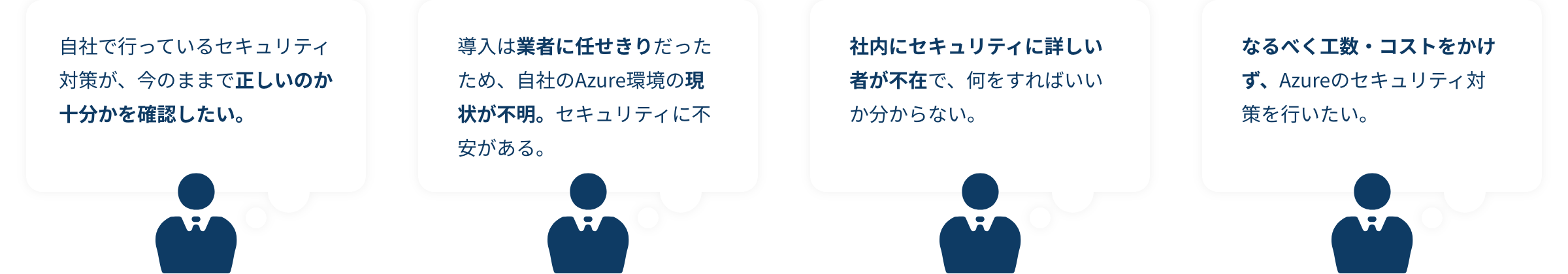 自社で行っているセキュリティ対策が、今のままで正しいのか十分かを確認したい。 導入は業者に任せきりだったため、自社のAzure環境の現状が不明。セキュリティに不安がある。 社内にセキュリティに詳しい者が不在で、何をすればいいか分からない。 なるべく工数・コストをかけず、Azureのセキュリティ対策を行いたい。