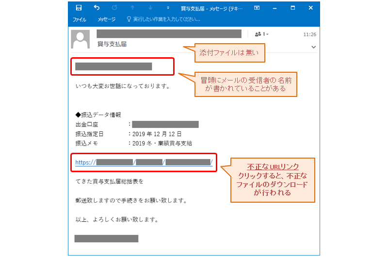 賞与支払いに関する通達を装った、標的型攻撃メールの例