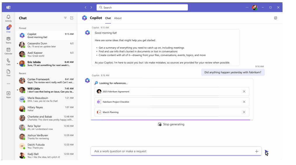 Microsoft Teams より、business Chat を活用し、効率的に業務を遂行する様子