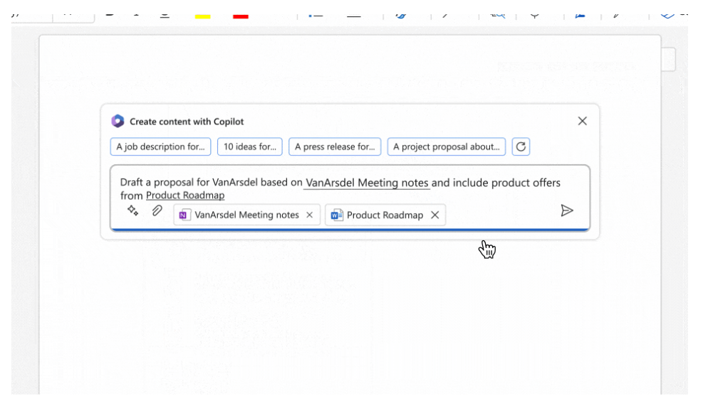 Copilot in Word へ、指定のnoteやドキュメントから、提案書を作成するよう要求